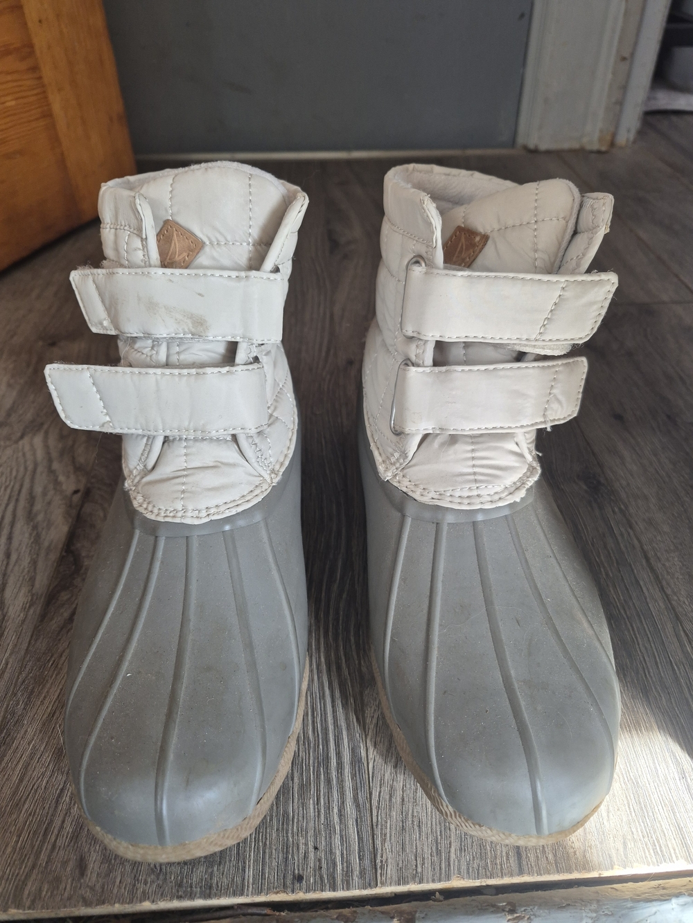 Sperry White and Gray Waterproof Duck Boots with Hook-and-Loop Straps